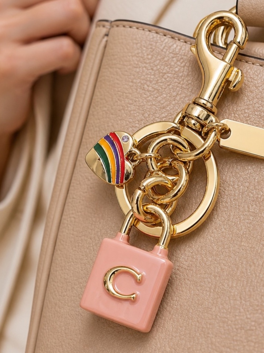 Coach Gold-Tone Pink Padlock Key Charm with Multicolor Heart